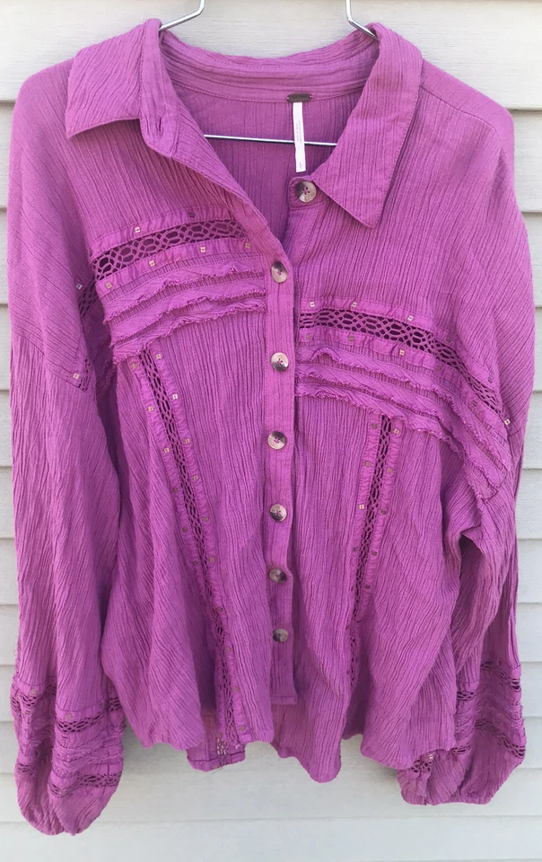 Camisa Free People Talla L Estrellas de Verano Manga Hinchada Abotonada Crochet Ribete