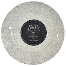 SET OF 8 CELLINI TWINKLE SILVER TONE GLITZ RESIN ROUND CHARGERS,PLACEMATS -13"