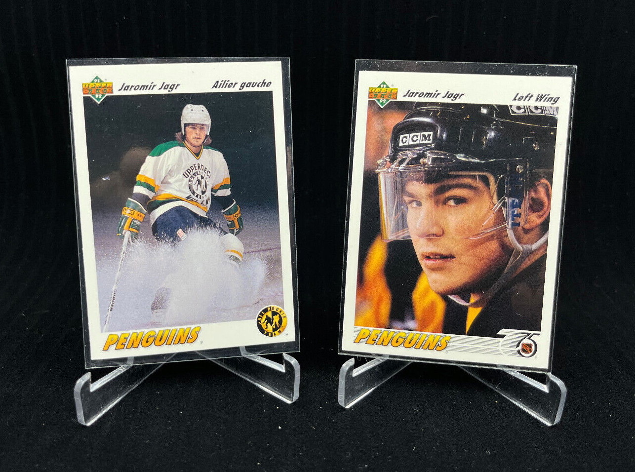 Lot(2) 1991-92 Upper Deck JAROMIR JAGR All Rookie Team French #42 + #256 !!