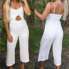 White Cut Out Cropped Wide Leg Jumpsuit Size Large
