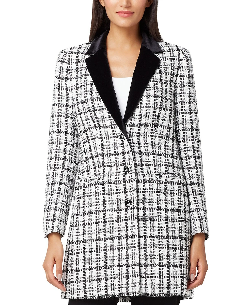 Tahari ASL Womens White Plaid Velvet Collared Lapel Boucle Topper Jacket Size 2