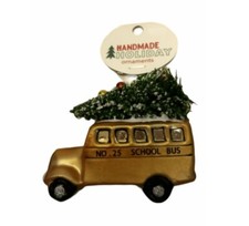 New Christmas Tree Glass Painted Ornament Holiday Glass Yellow School Bus w Tree