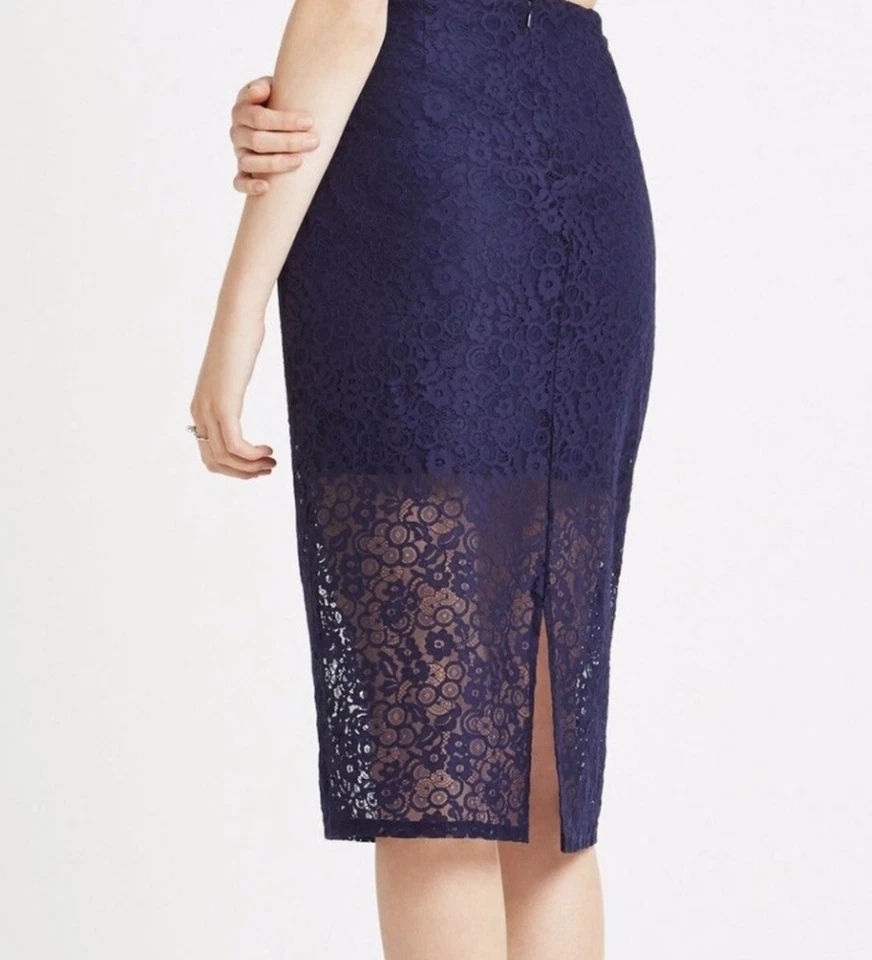 Falda lápiz de encaje floral BCBG para mujer 6 azul oscuro azul marino transparente coqueta Fairycore Foto 2 de 4