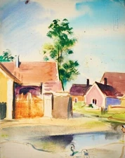 Original Rare Drawing - Houses / Painting in the Garden by Czech Artist Ullrych