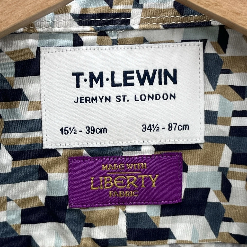 Camisa de vestir TM Lewin Liberty de tela para hombre 15,5 34,5 azul tostado geo abotonada Foto 3 de 4