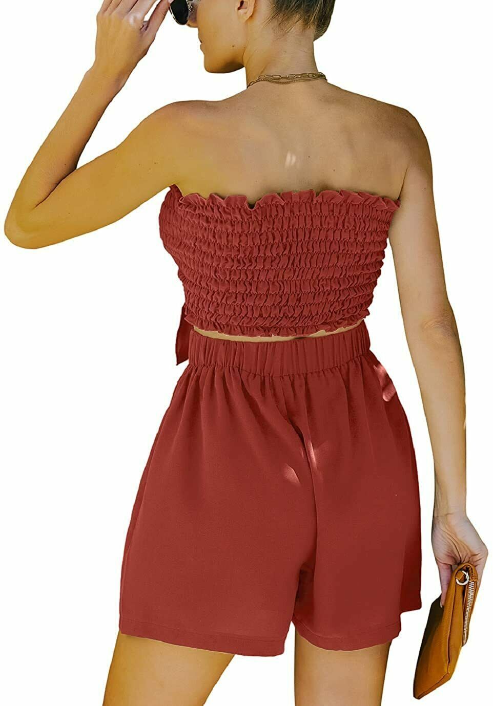 Women's Summer 2 Pieces Ruch Bandeau Crop Top Wide Leg Shorts Outfit Sets Green eBay