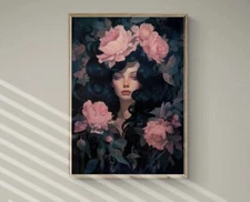 Pink Rose Women Portrait Printable Wall Art, Dark Preppy Floral Print