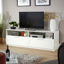 White TV Stand 2 Large Drawers 140cm Wide Storage Shelf Television Cabinet