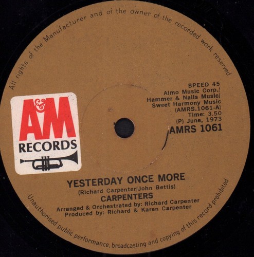 Carpenters Yesterday Once More 7" vinyl South Africa A&m 1973 pic insert sleeve - Picture 3 of 3