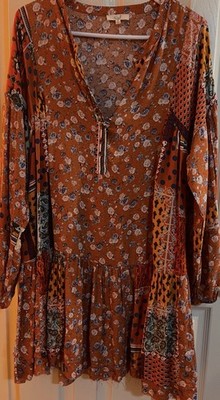 Easel Boho Patchwork Ruffle Dress Buttons Balloon Sleeve S/M Light & Easy. 