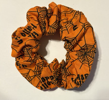 Handmade Hair Scrunchie Halloween - Orange Background w/Webs  Happy Halloween