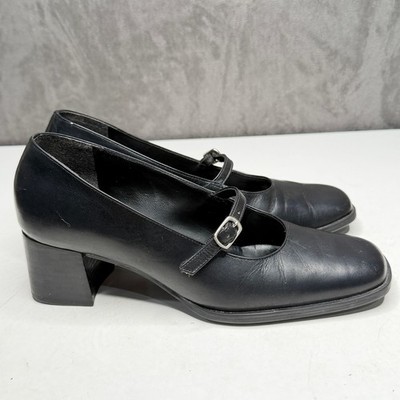 Casanova Mary Jane Pumps Womens 6.5 Blk Leather Square Toe Block Heel 90s Style