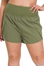 Zenana Plus Size Olive High Waist Zipper Back Pockets Running Shorts