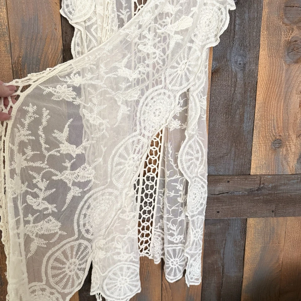 Sheer Lace Kimono Duster Cardigan Festival Cover Up Plus Free One Boho Ivory - Image 3 of 4