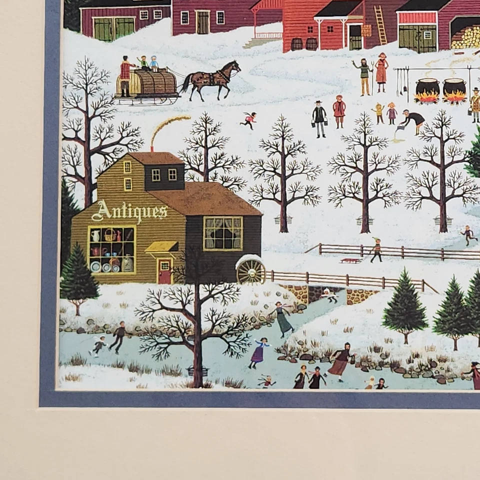 Charles Wysocki 带框艺术印花 17.5 x 21.5 冬季滑雪村 美国 — 第 3/4 张图片