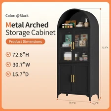 Kitchen H73" Metal & Glass Arched Pantry Buffet Cabinet Cupboard Bookcase 4-Door