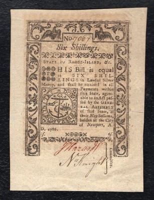 MAY 1786 6s SIX SHILLINGS RHODE ISLAND COLONIAL CURRENCY NOTE