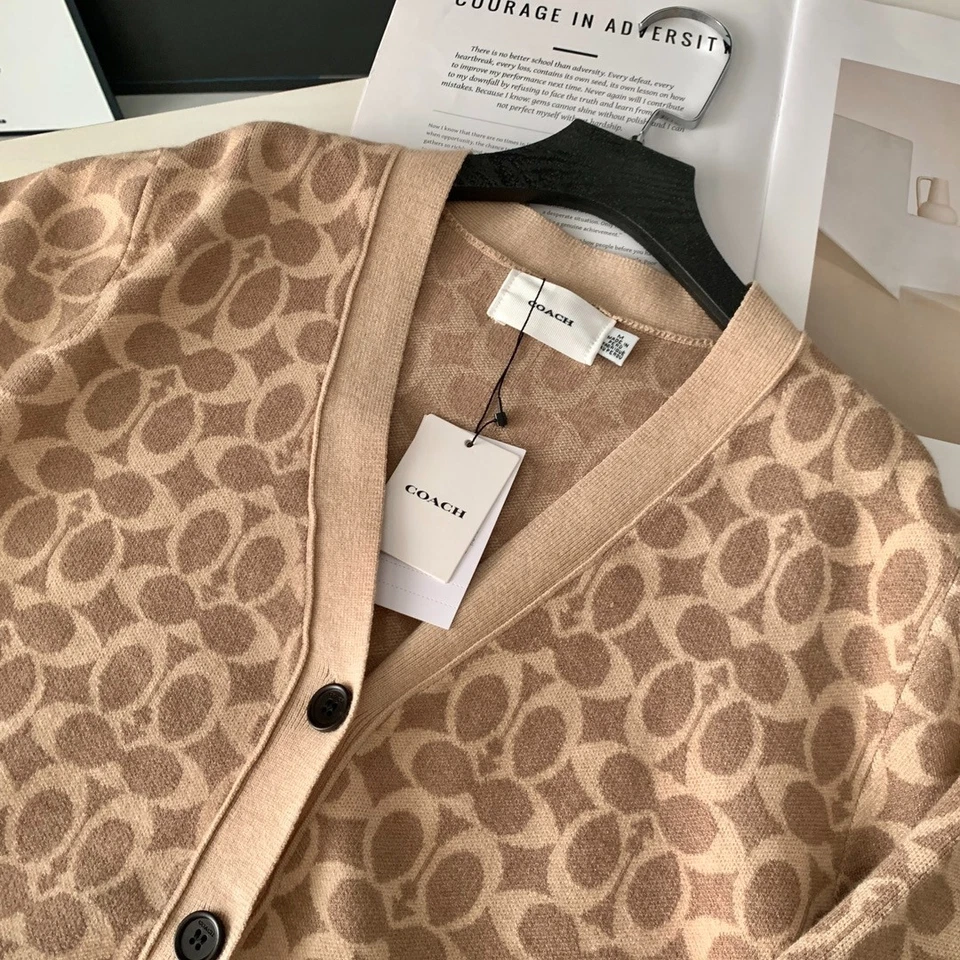 NUEVO CON ETIQUETAS COACH Mujer’s Amarillo Suéter Cárdigan Suéter Largo Algodón Orgánico Foto 3 de 4