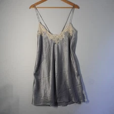 Natori Classics Saks Fifth Avenue Gray Lace Trim Lingerie Slip Dress Sexy Satin