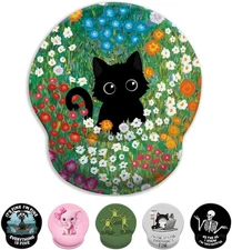 Black Cat Mouse Pad, Ergonomic Pad with Wrist Rest, Cute Flower 