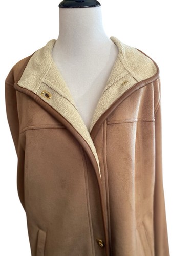 Talbots Faux Suede Fleece Jacket Women’s XL Tan Beige Sherpa Lined Front pockets - Picture 2 of 21