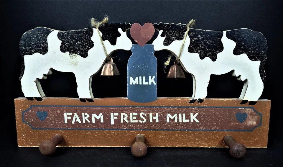 Farm Fresh Milk Wood Peg Mug Rack Hangers Vtg 1987 Holstein Cow Country Farm - image 2 of 4