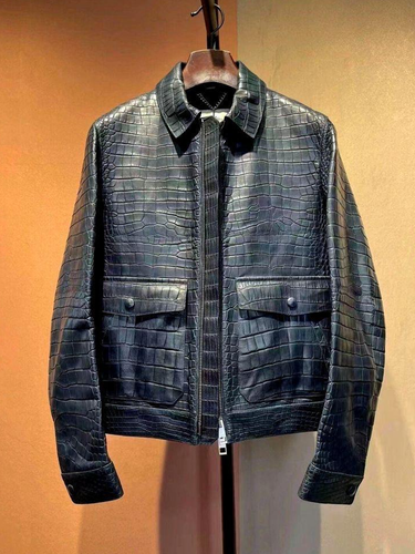 Men's Italian Leather Jacket Blue Luxury Alligator Crocodile Embossed Leather - Picture 5 of 5