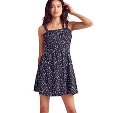 Trixxi Navy Blue Floral Boho Sleeveless Dress Smocked Bust Womens Size Large