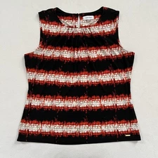 Calvin Klein Red Black Abstract Stripe Print Pleated Neckline Sleeveless Top XL