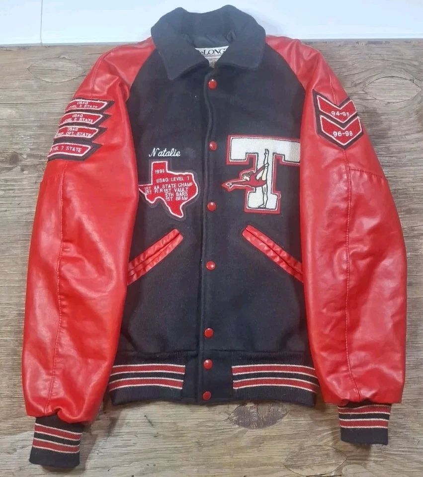 2 Chaquetas Universitarias DeLong Trinity Trojans Texas Gimnasia Talla XS Rojo Negro De Colección Foto 2 de 4