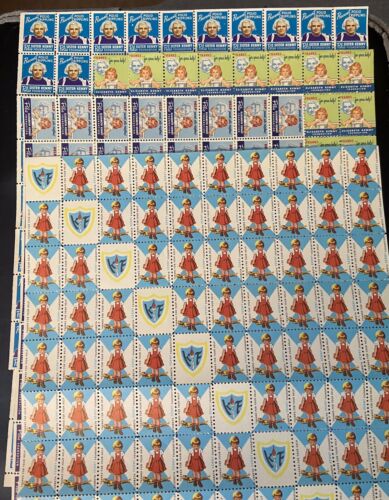 4 Sheets (2 partial) 1950 Circa Sister Kenny Polio Foundation Cinderella Stamps - Afbeelding 1 van 5