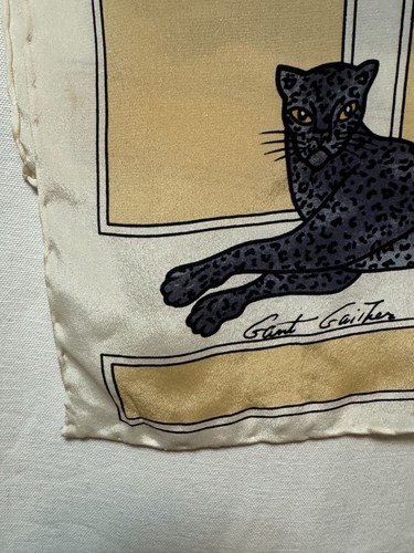 GANT GAITHER Vintage Silk Scarf Hand Rolled Black Leopard Yellow Ivory Chain - Picture 2 of 11