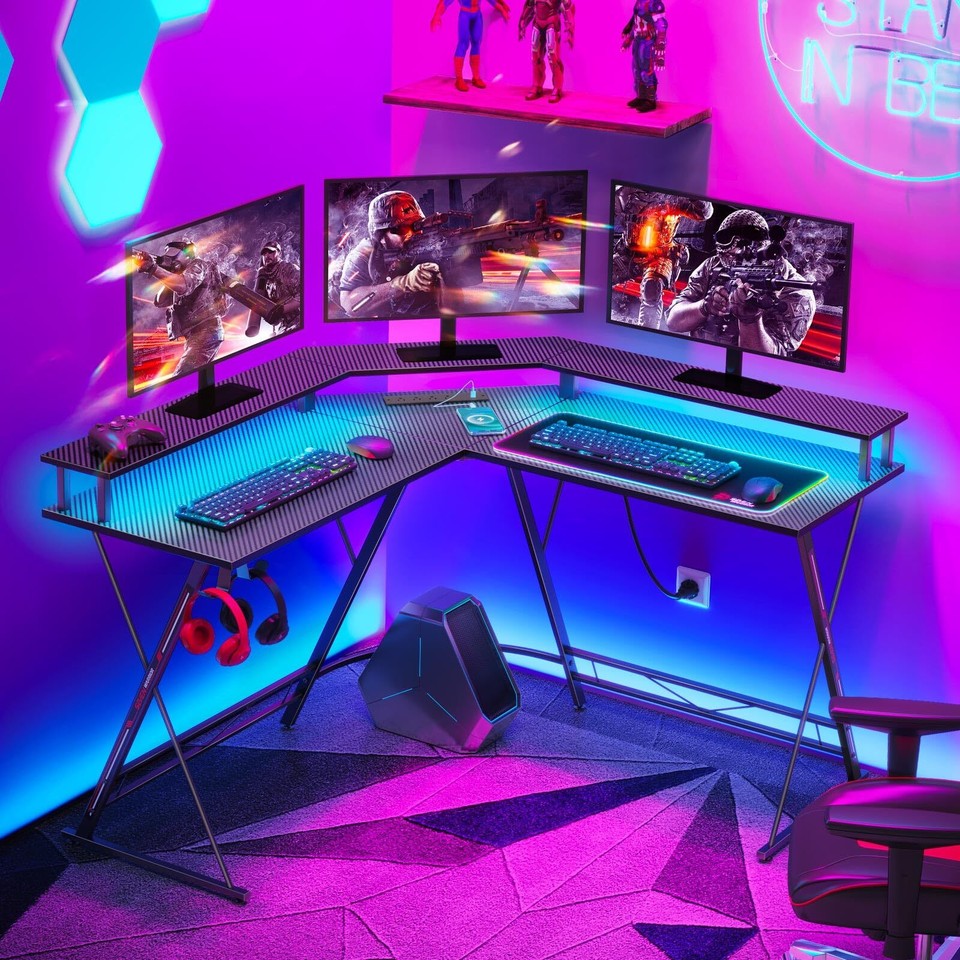 SEVEN WARRIOR L Shaped Gaming Desk with LED Lights & Power Outlets 504â