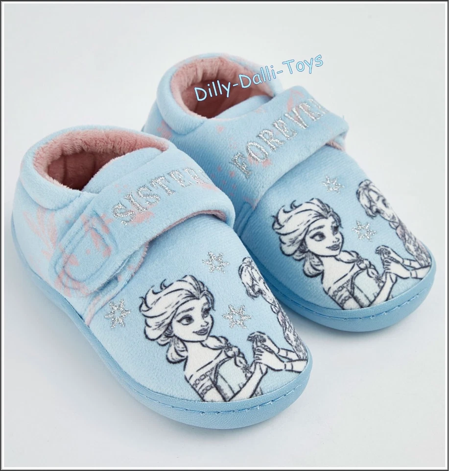 Disney Frozen Girls Slippers UK Size 10 Anna & Elsa Sisters Blue Easy Fasten NEW - Image 4 of 4