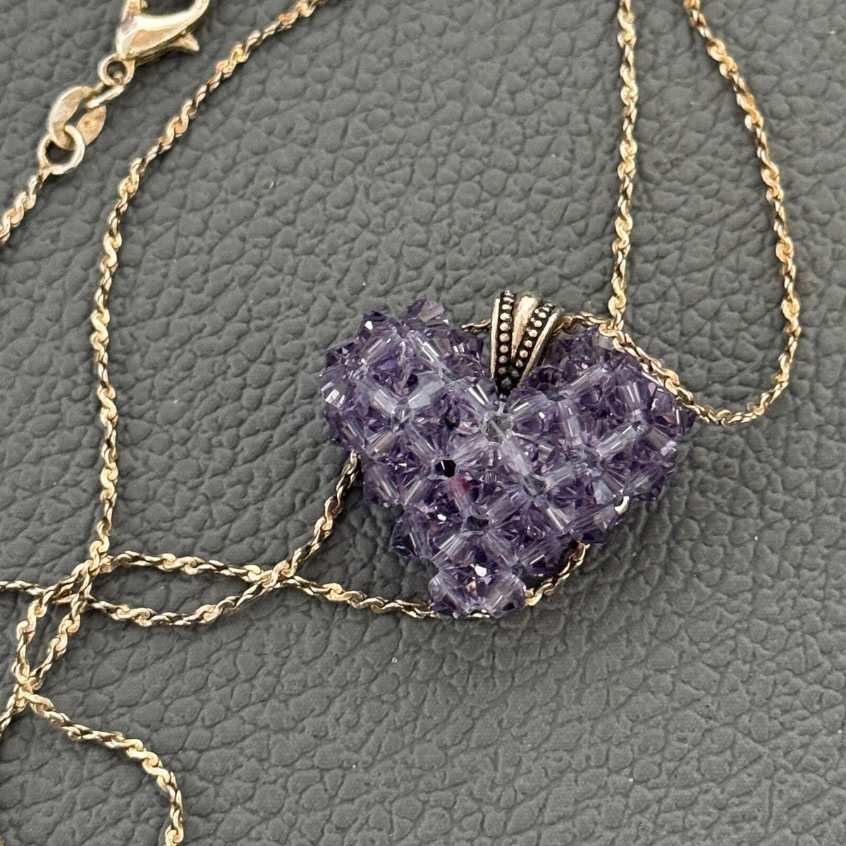 Sterling Silver Purple Puffy Crystal Heart Necklace 20” Beaded 925