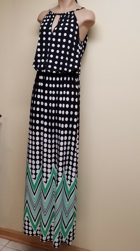 Maggy London black & white, polka dot long dress with green accent, size 4 - 第 3/8 張圖片
