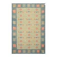 6x9 Hand Woven Cotton Mint, Blue Dhurry Transitional Floral Rug