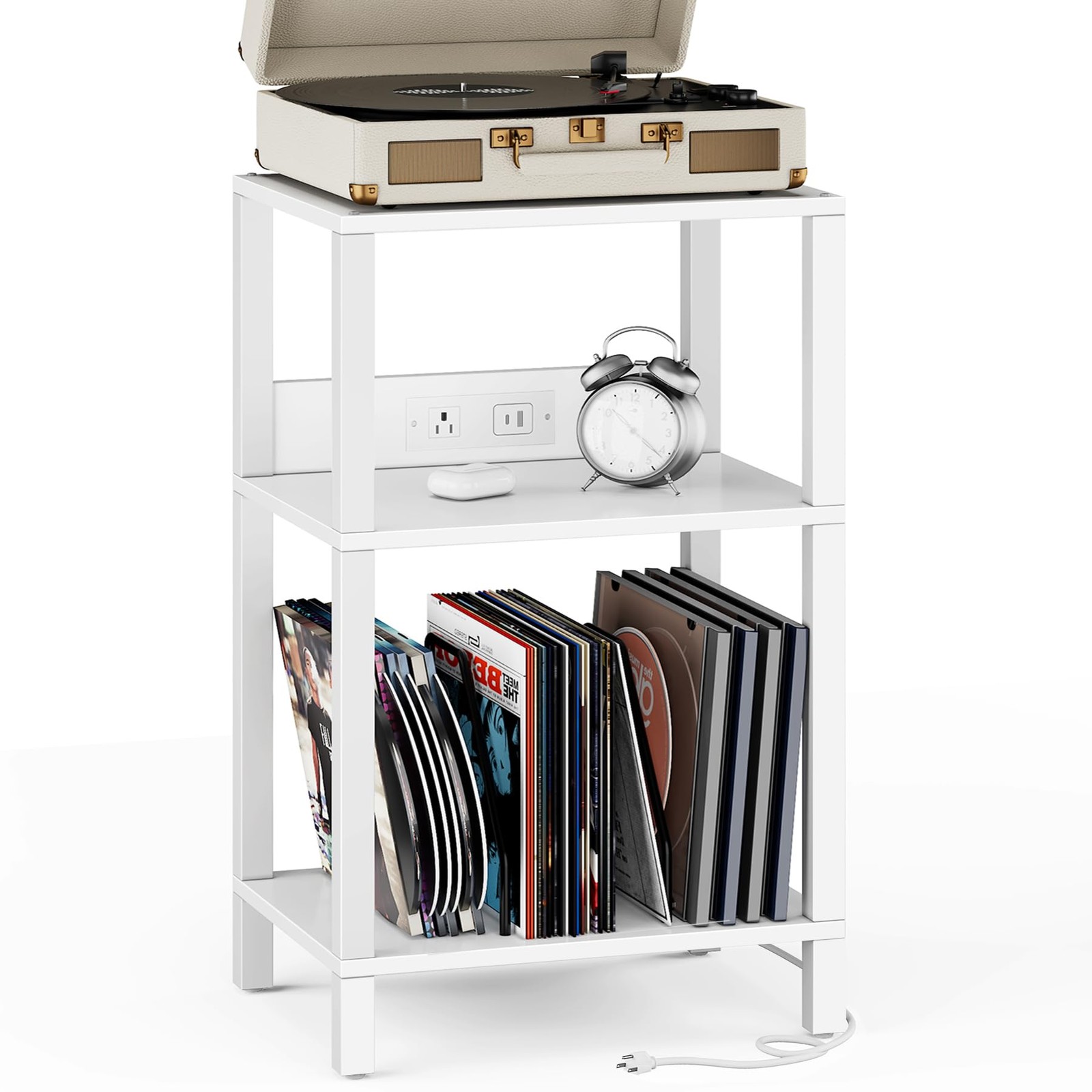 Vintage Record Player Stand with 3-Tier Storage for 100 Vinyl Albums  -image