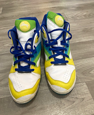 Reebok Court Victory Pump Men s 11 White Ion Blue Yellow Tennis Shoes Hexalite
