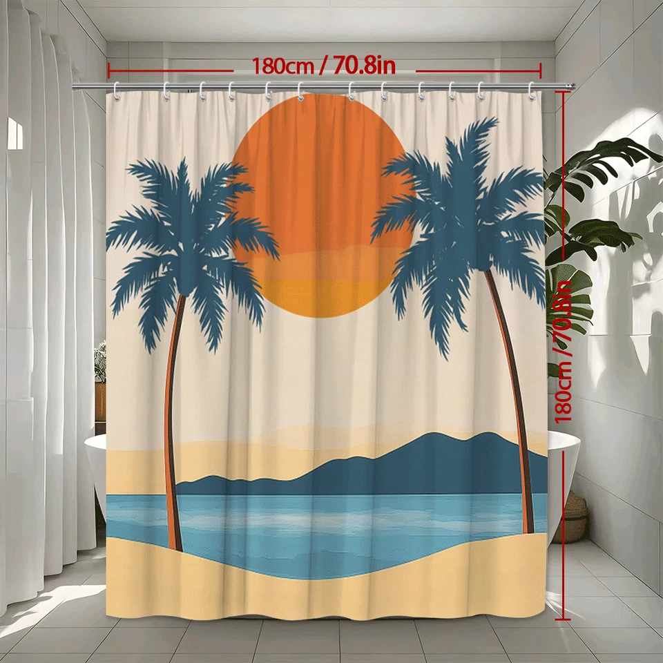 Cortina de Ducha Playa Puesta de Sol Palmera Tropical Océano Baño Decoración Costera Foto 3 de 4