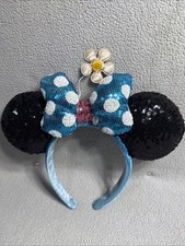 DISNEY PARKS TIMELESS FLOWER BLUE  WHITE POLKA DOT BOW MINNIE EARS HEADBAND