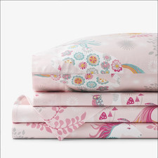 Company Kids Fancy Unicorns Organic Cotton Percale Bed Sheet Set Pink Multi Twin