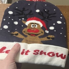 Light-Up Snow Pattern Christmas Beanie Hat Black White Red One Size Tested Works