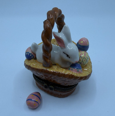Easter Bunny Basket Hinged Trinket Box with Painted Eggs Collectible Ceramic