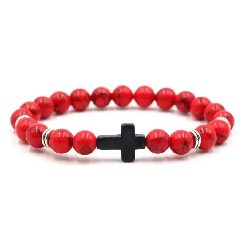 Prayer Men Natural Stone Wood Beads Rosary Hematite Cross Bracelets Onyx** - Image 3 of 4