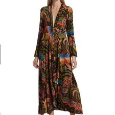 NEW Farm Rio Maxi Dress Macaw Island Print LS Sleeve Black Bird Print Boho Small