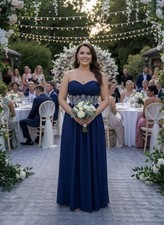 Maxi Dress Embroidered Beaded Waist Navy Blue Size 12 UK