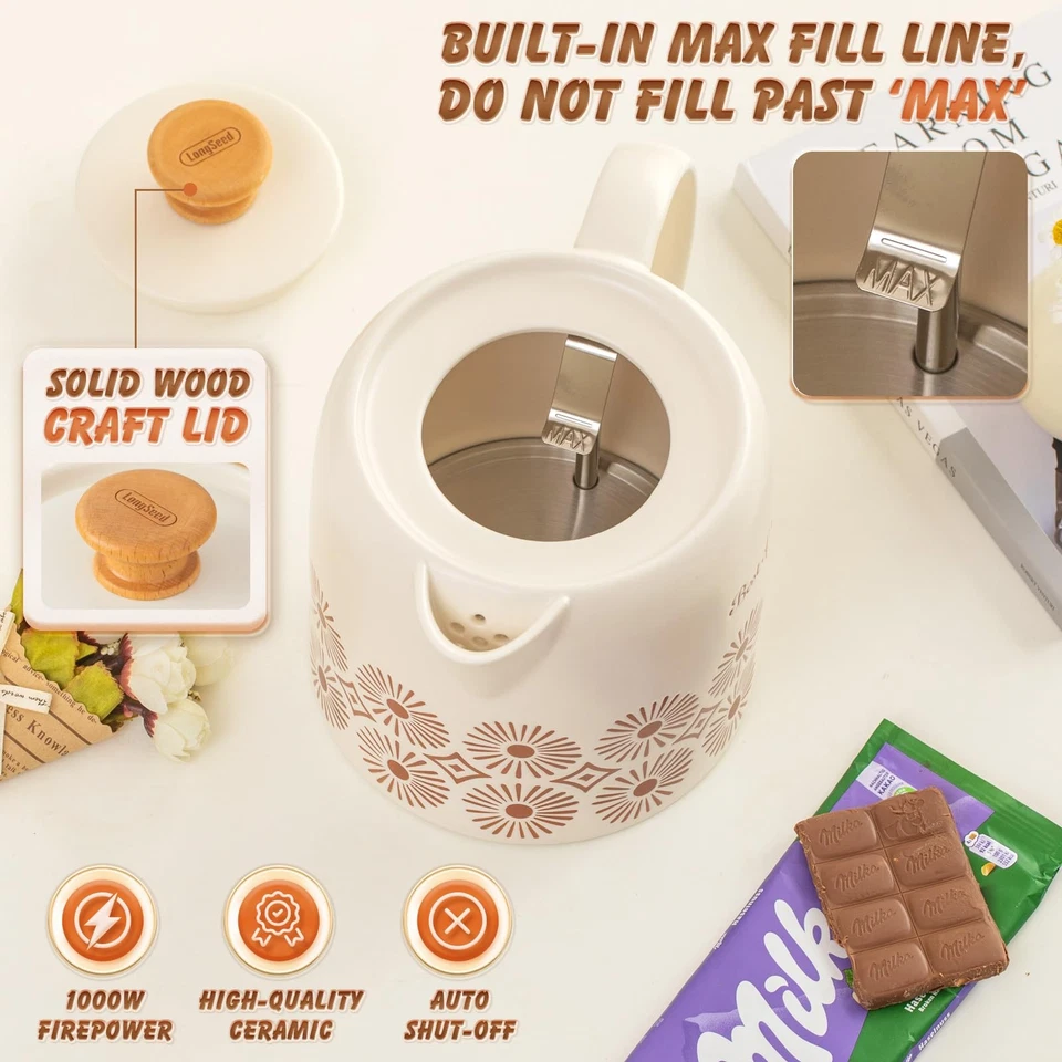 Hervidor eléctrico de cerámica 1 cuarto de galón, apagado automático, tetera de porcelana, caliente con... Foto 2 de 4