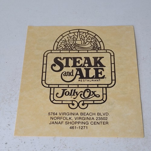 Vintage Steak and Ale Restaurant Menu Norfolk VA Jolly Ox 1970s 1980s