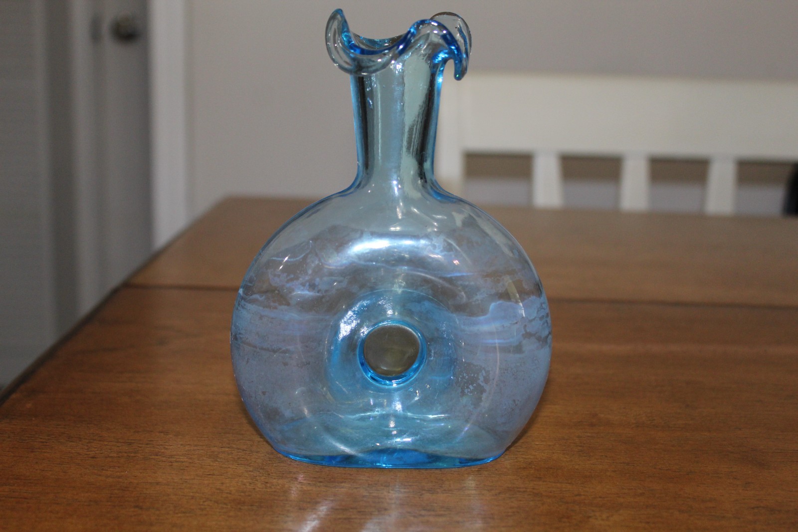 Vintage Aqua Blue Blenko Ruffled Donut Hole Pulpit Pinched Art Glass Vase MCM
